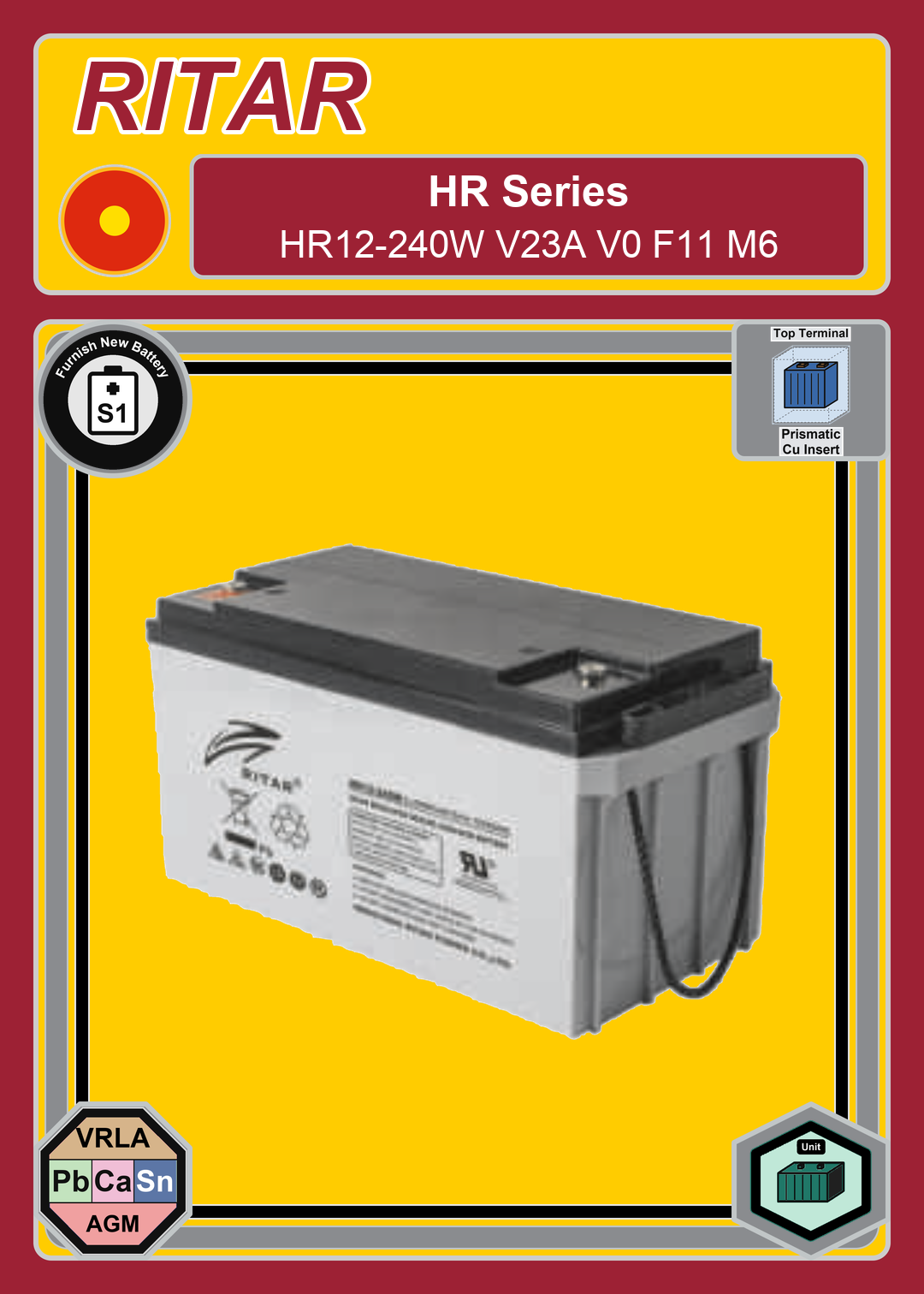 Furnish New Battery Ritar HR Series HR12 240W V23A V0 F11 M6