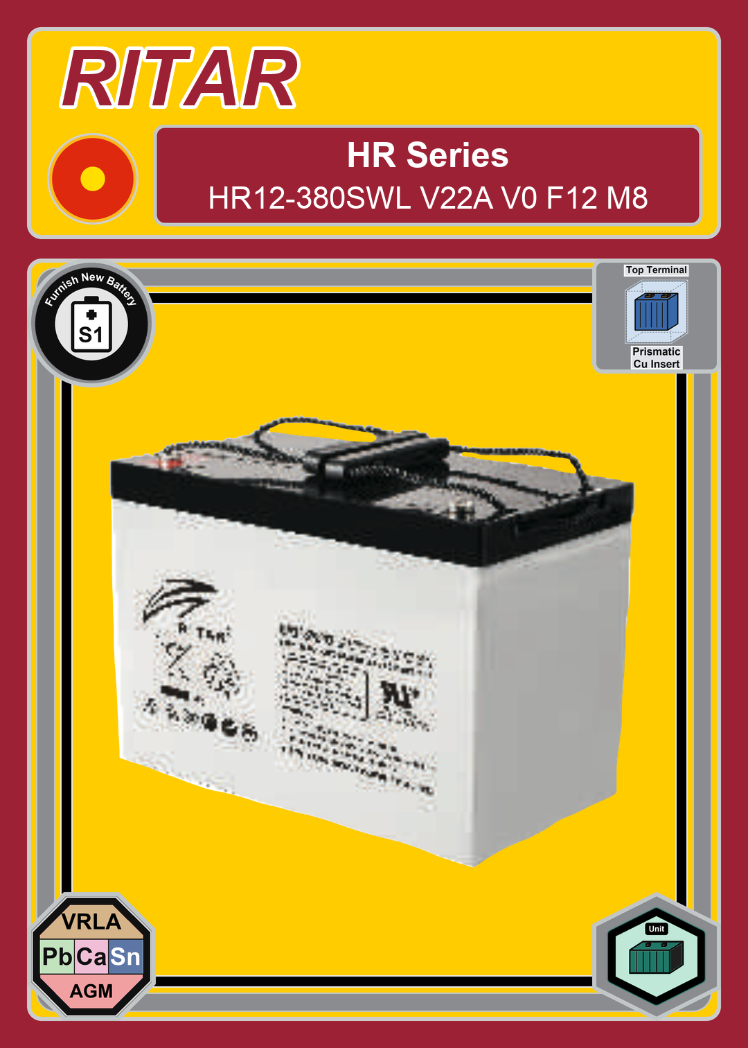 Furnish New Battery Ritar HR Series HR12 380SWL V22A V0 F12 M8