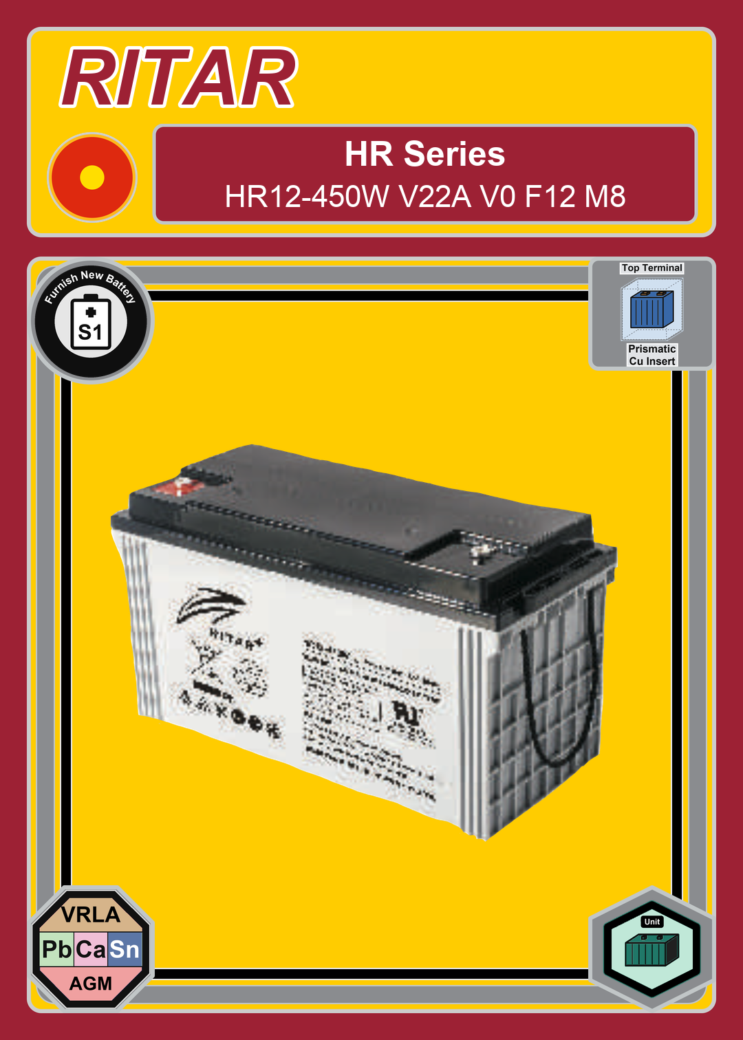 Furnish New Battery Ritar HR Series HR12 450W V22A V0 F12 M8