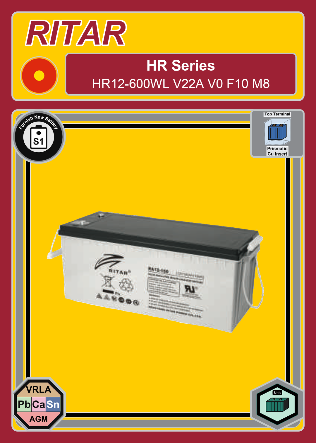 Furnish New Battery Ritar HR Series HR12 600WL V22A V0 F10 M8
