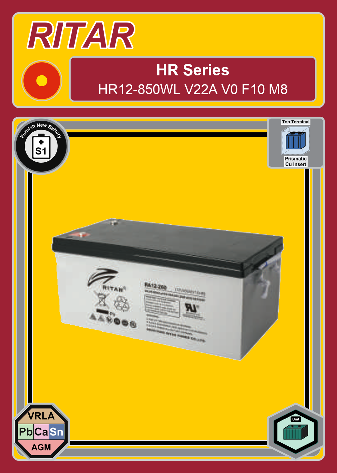 Furnish New Battery Ritar HR Series HR12 850WL V22A V0 F10 M8