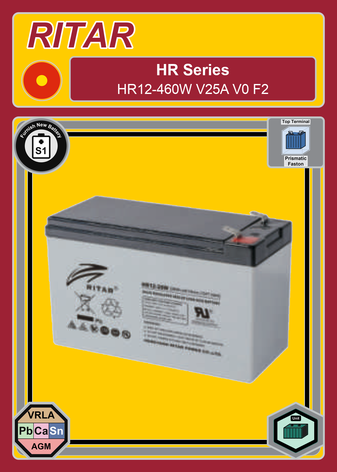 Furnish New Battery Ritar HR Series HR12 460W V25A V0 F2