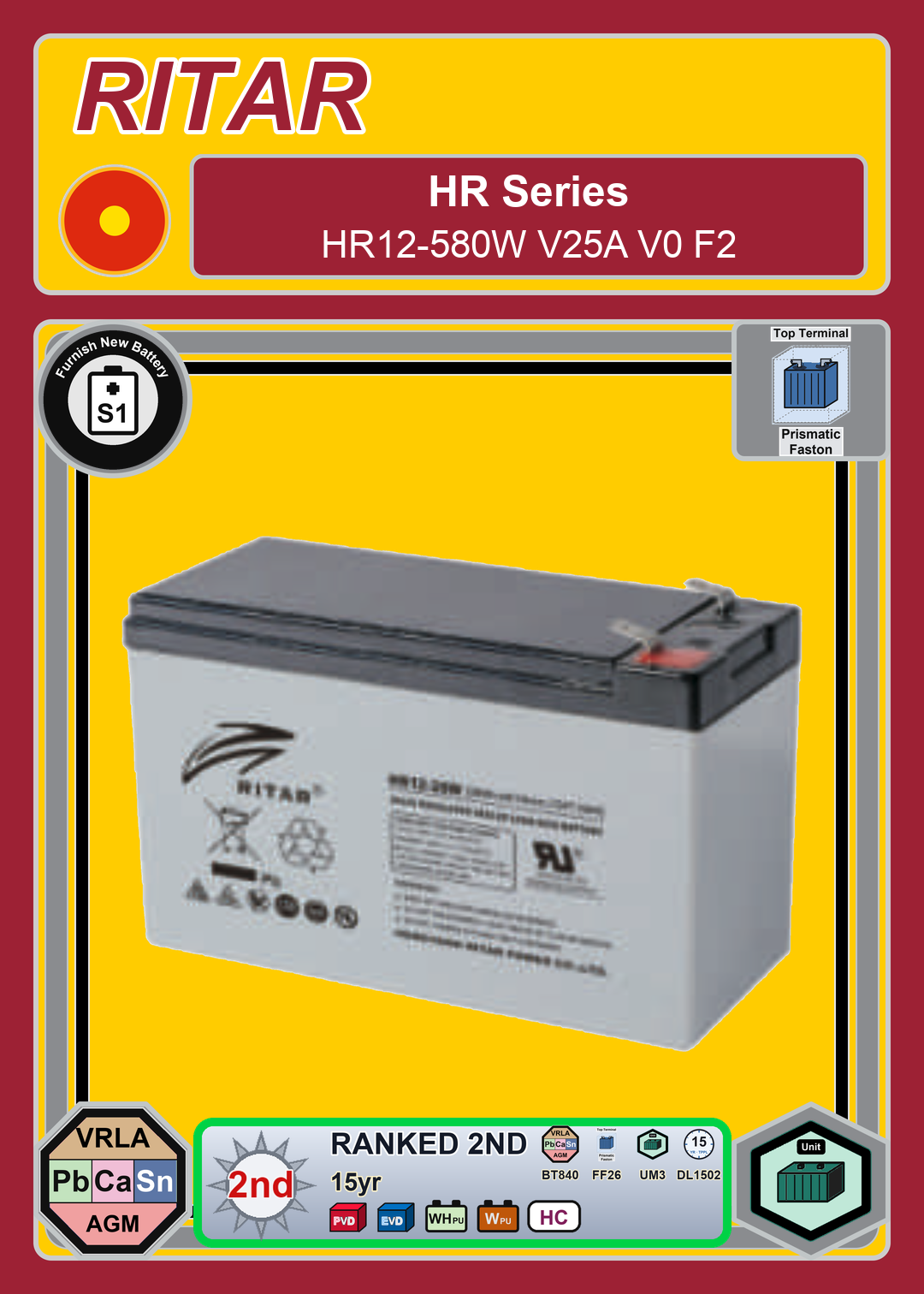 Furnish New Battery Ritar HR Series HR12 580W V25A V0 F2