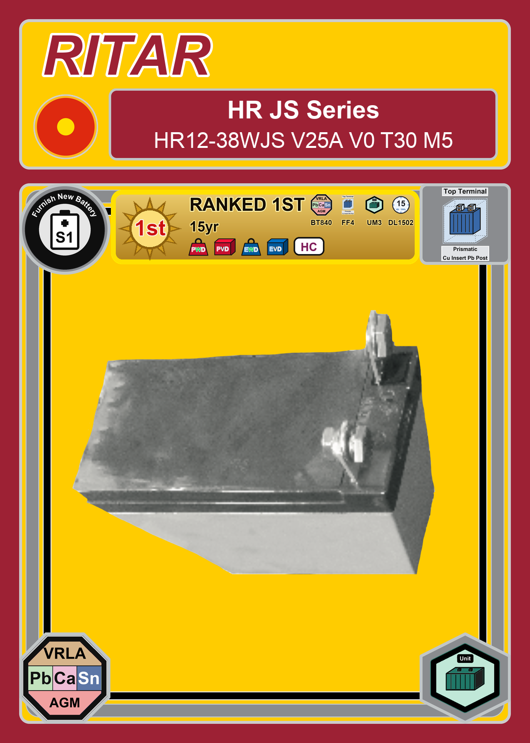 Furnish New Battery Ritar HR JS Series HR12 38WJS V25A V0 T30 M5