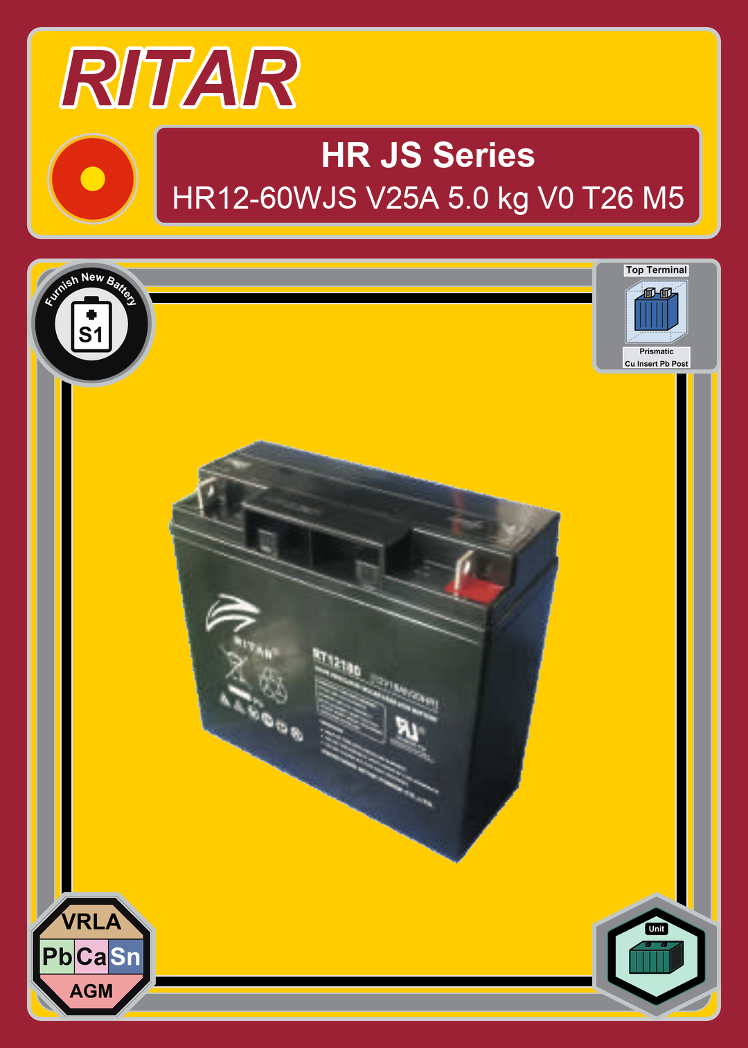 Furnish New Battery Ritar HR JS Series HR12 60WJS V25A 5 0 kg V0 T26 M5