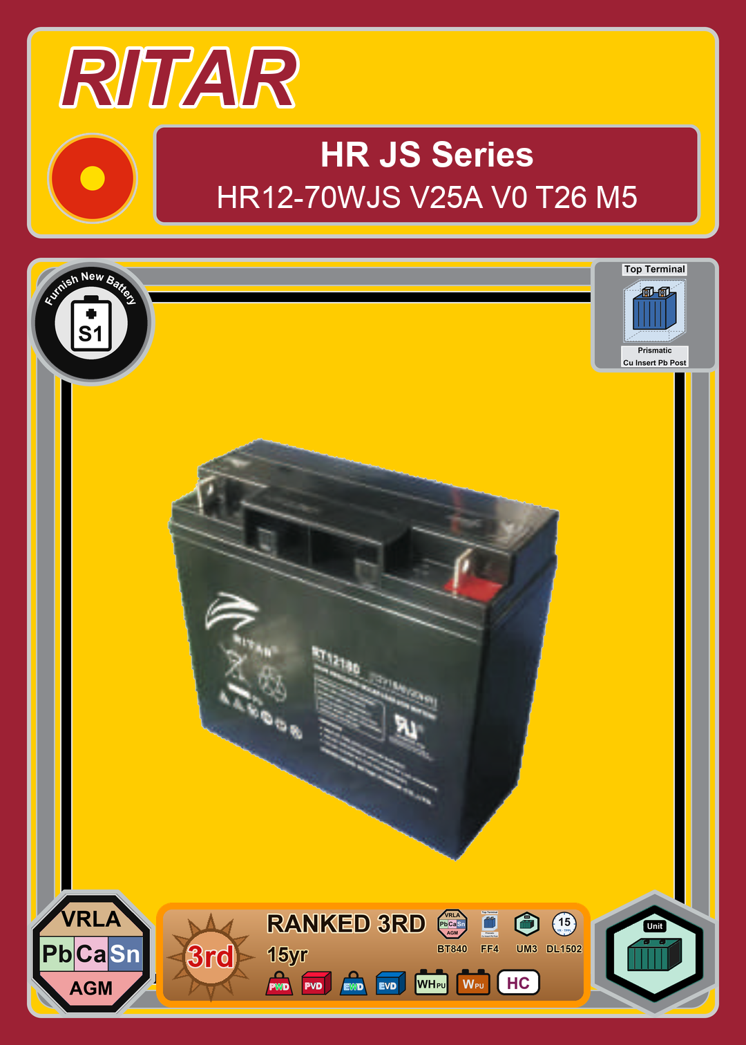 Furnish New Battery Ritar HR JS Series HR12 70WJS V25A V0 T26 M5