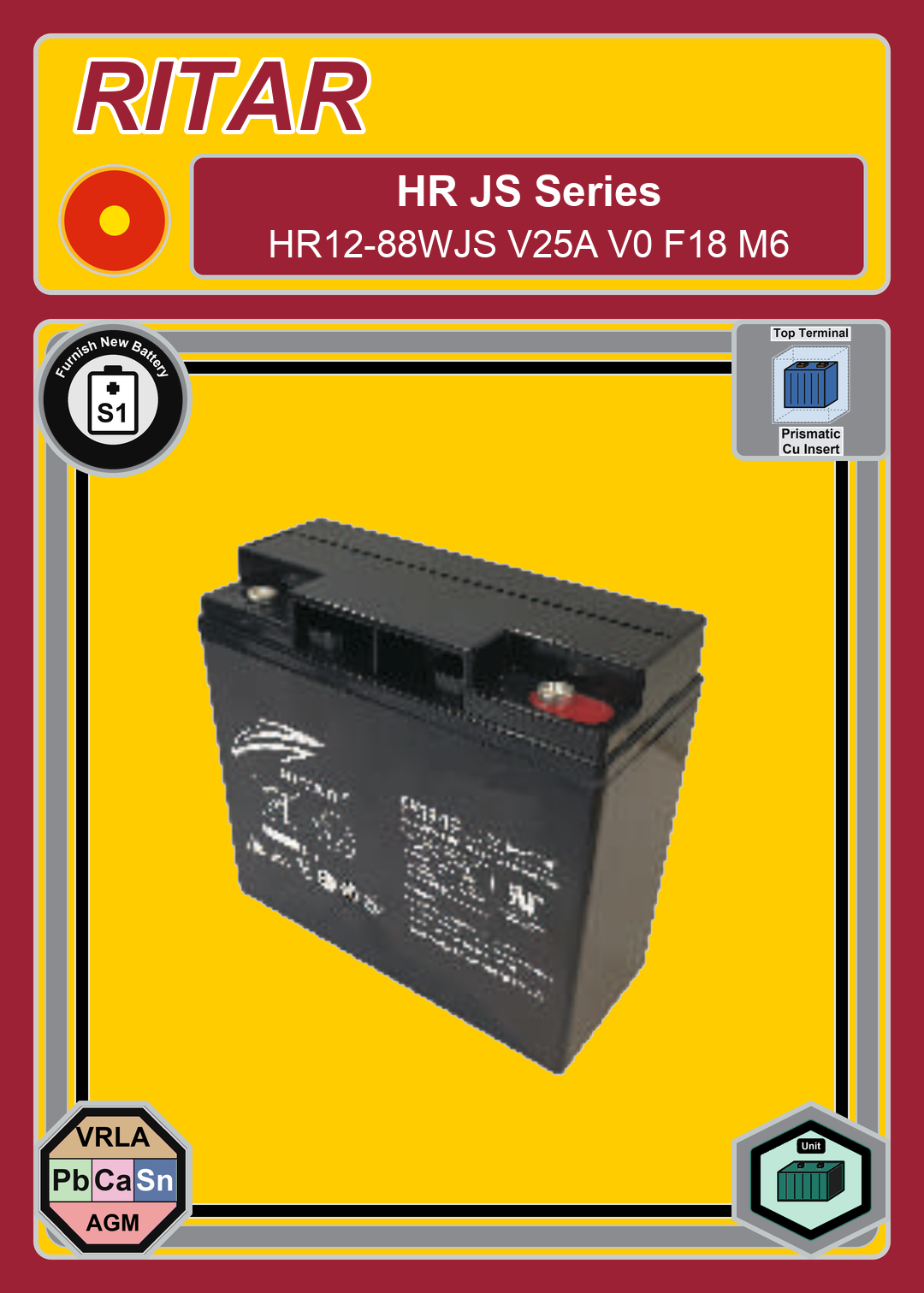 Furnish New Battery Ritar HR JS Series HR12 88WJS V25A V0 F18 M6