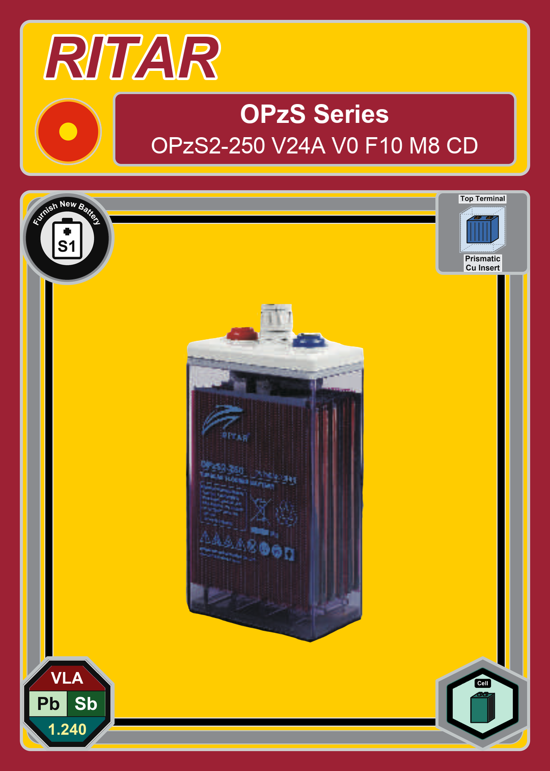 Furnish New Battery Ritar OPzS Series OPzS2 250 V24A V0 F10 M8 CD