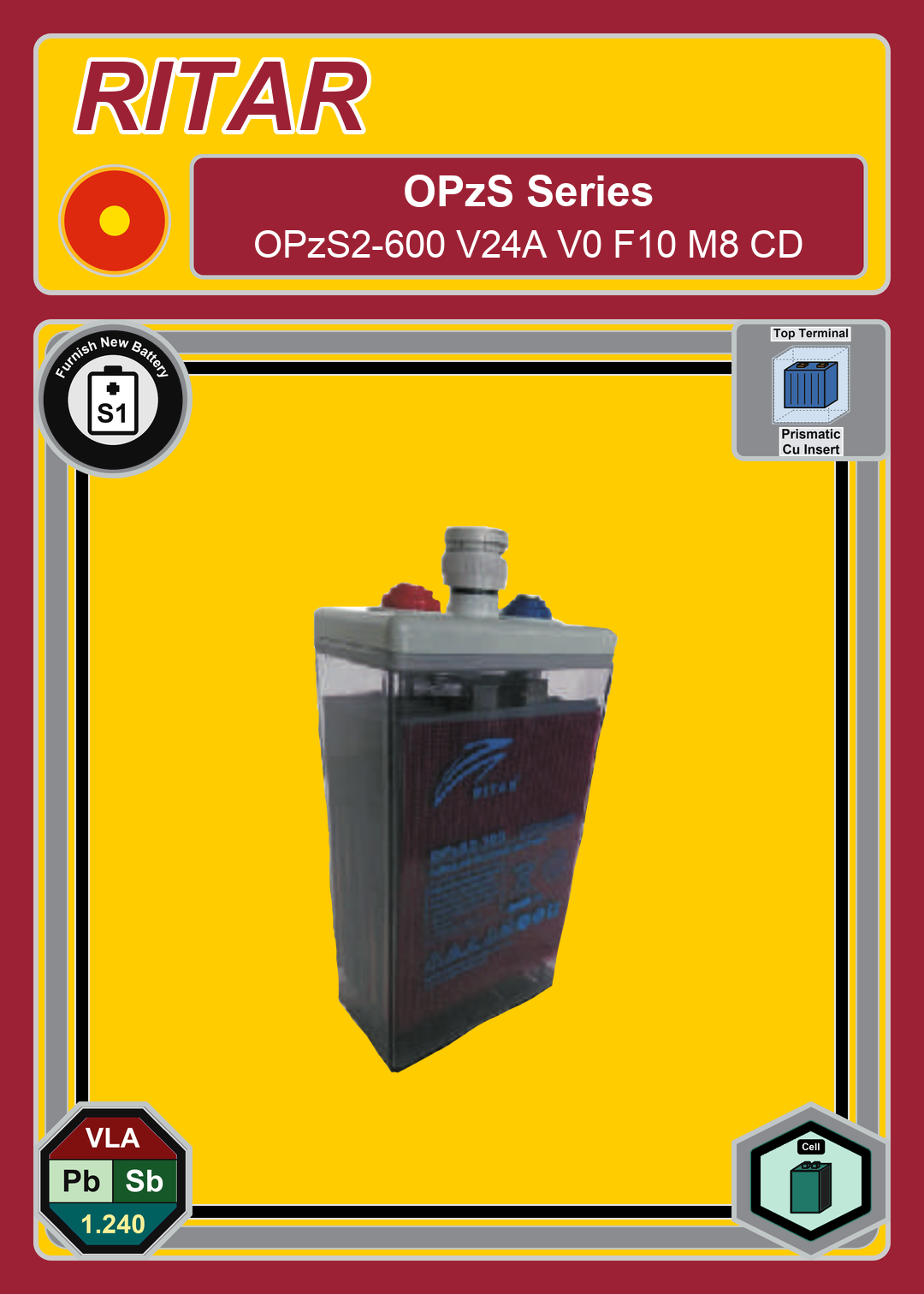 Furnish New Battery Ritar OPzS Series OPzS2 600 V24A V0 F10 M8 CD