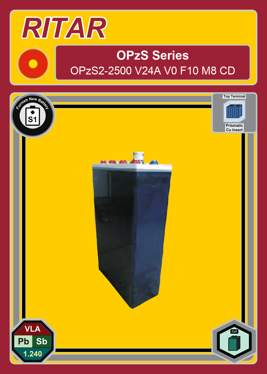 Furnish New Battery Ritar OPzS Series OPzS2 2500 V24A V0 F10 M8 CD