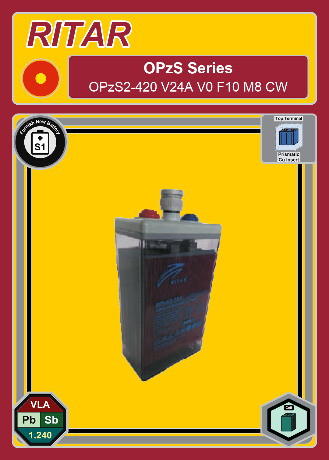 Furnish New Battery Ritar OPzS Series OPzS2 420 V24A V0 F10 M8 CW