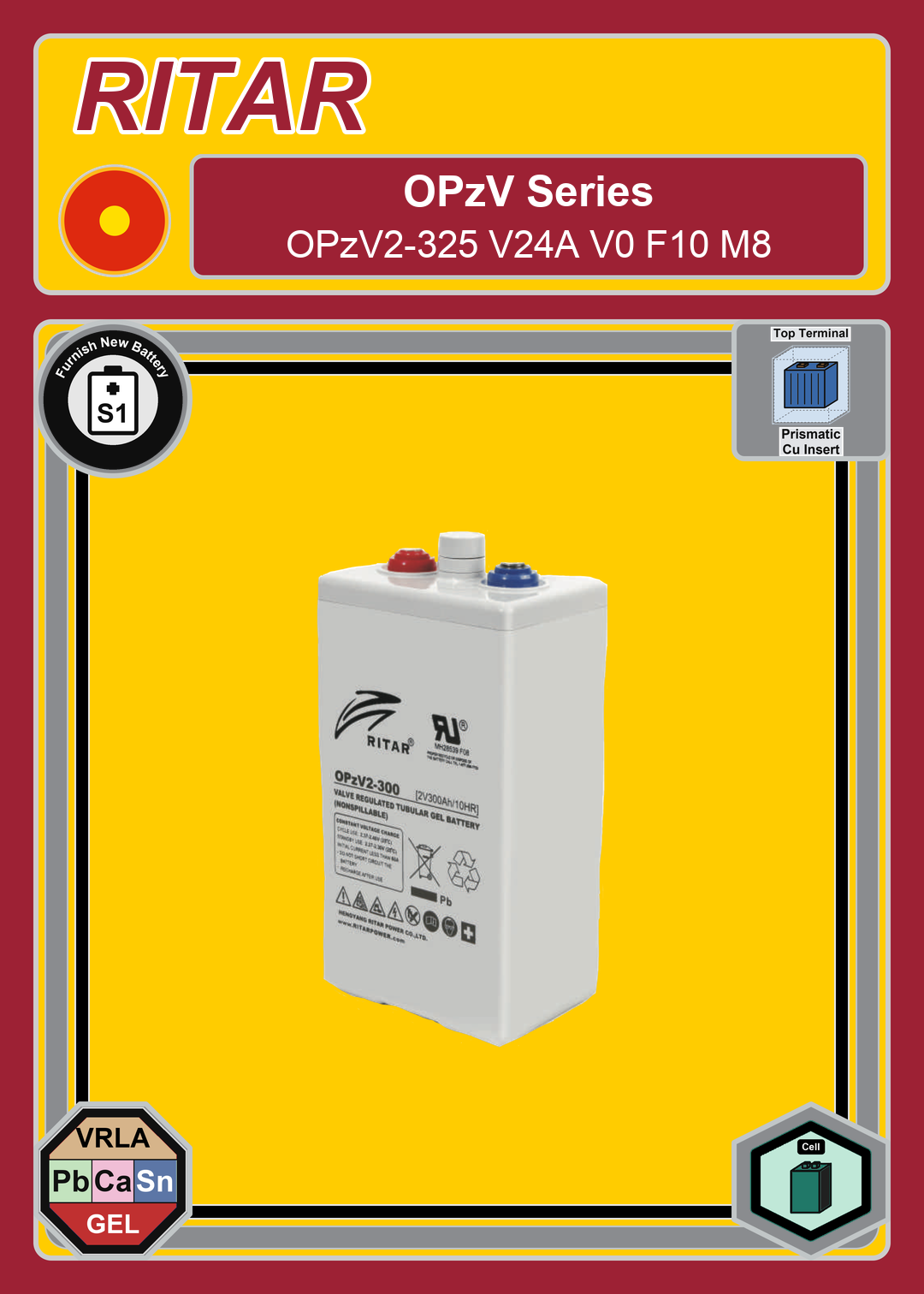 Furnish New Battery Ritar OPzV Series OPzV2 325 V24A V0 F10 M8