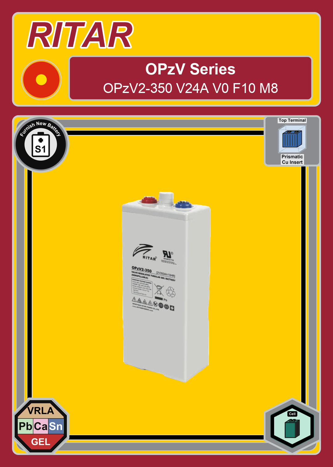 Furnish New Battery Ritar OPzV Series OPzV2 350 V24A V0 F10 M8