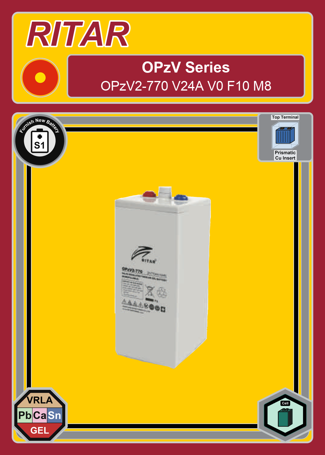 Furnish New Battery Ritar OPzV Series OPzV2 770 V24A V0 F10 M8