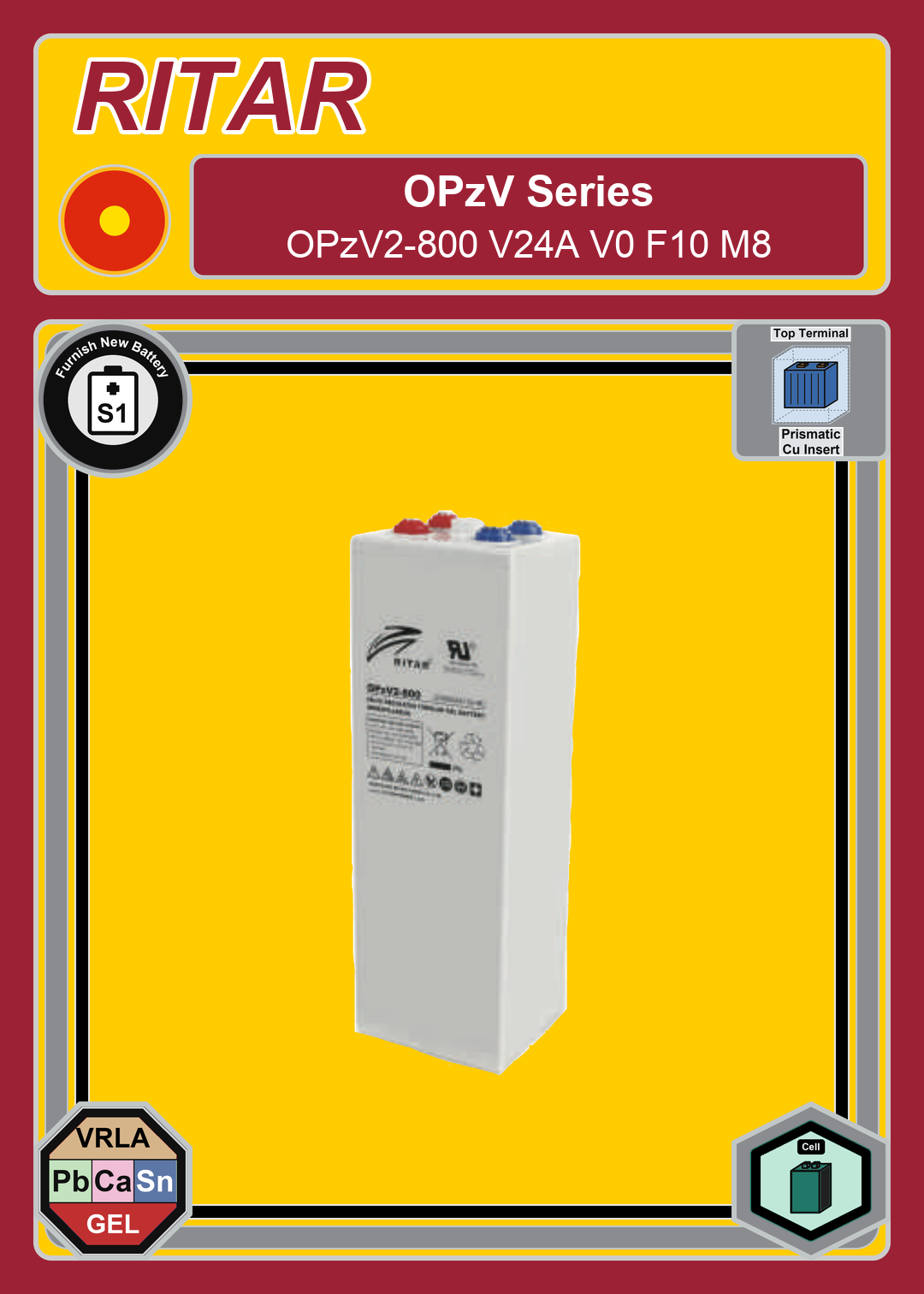 Furnish New Battery Ritar OPzV Series OPzV2 800 V24A V0 F10 M8