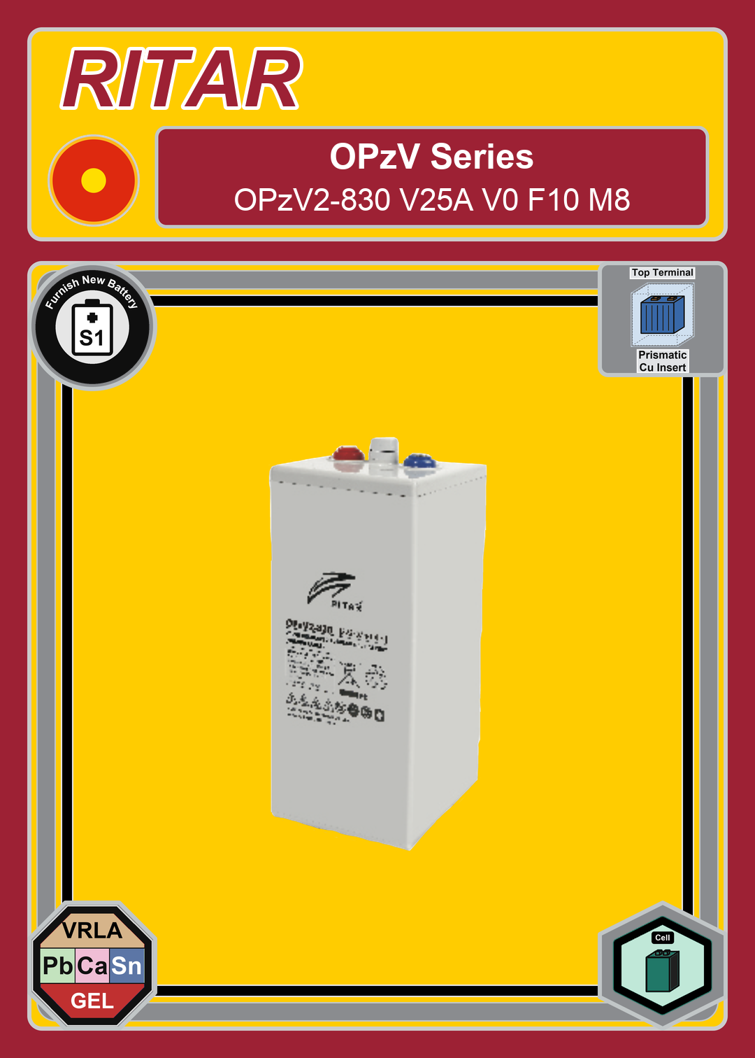Furnish New Battery Ritar OPzV Series OPzV2 830 V25A V0 F10 M8
