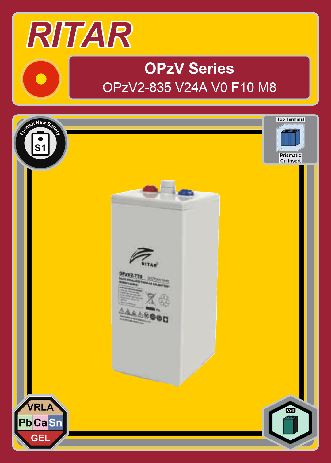 Furnish New Battery Ritar OPzV Series OPzV2 835 V24A V0 F10 M8