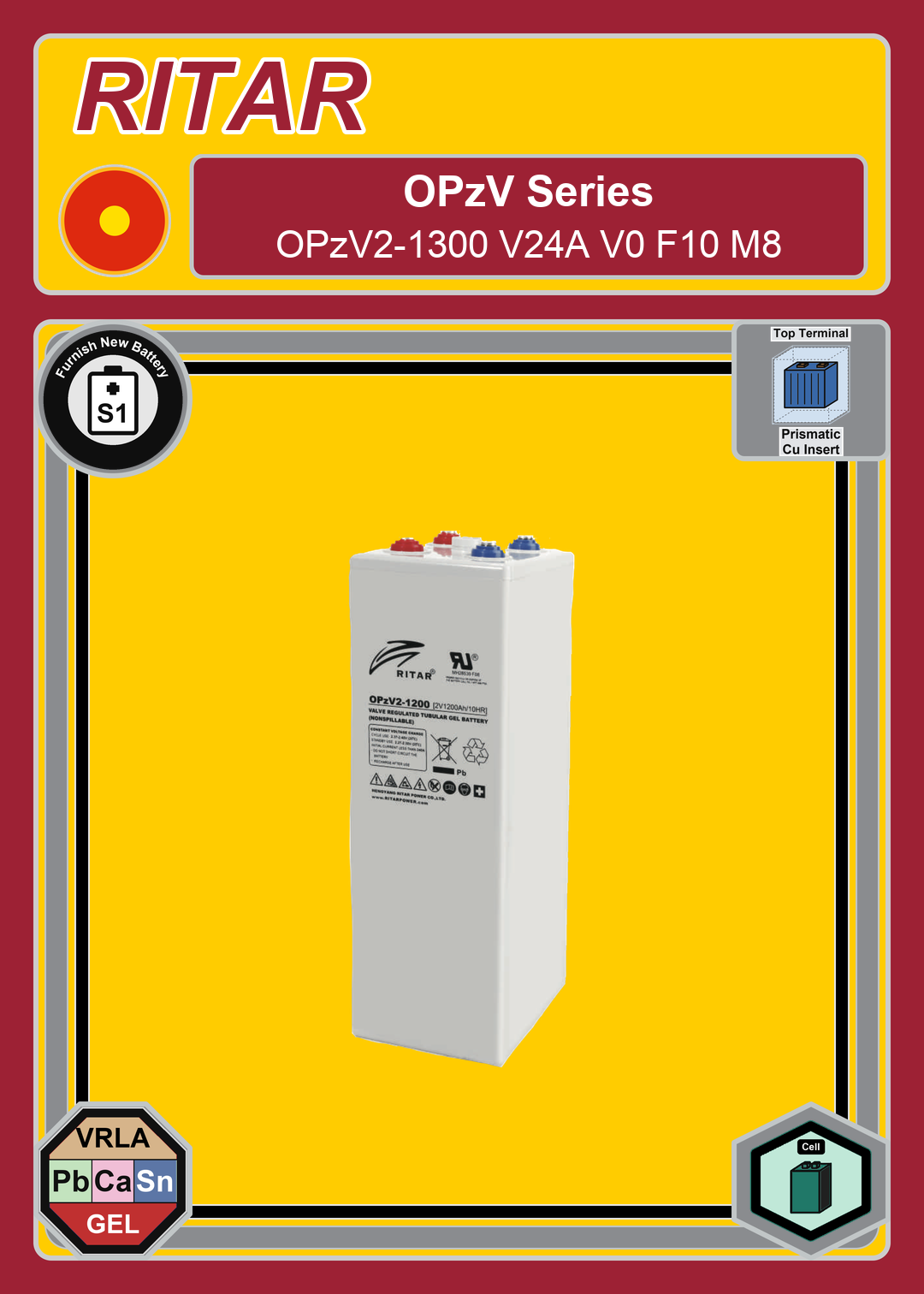 Furnish New Battery Ritar OPzV Series OPzV2 1300 V24A V0 F10 M8