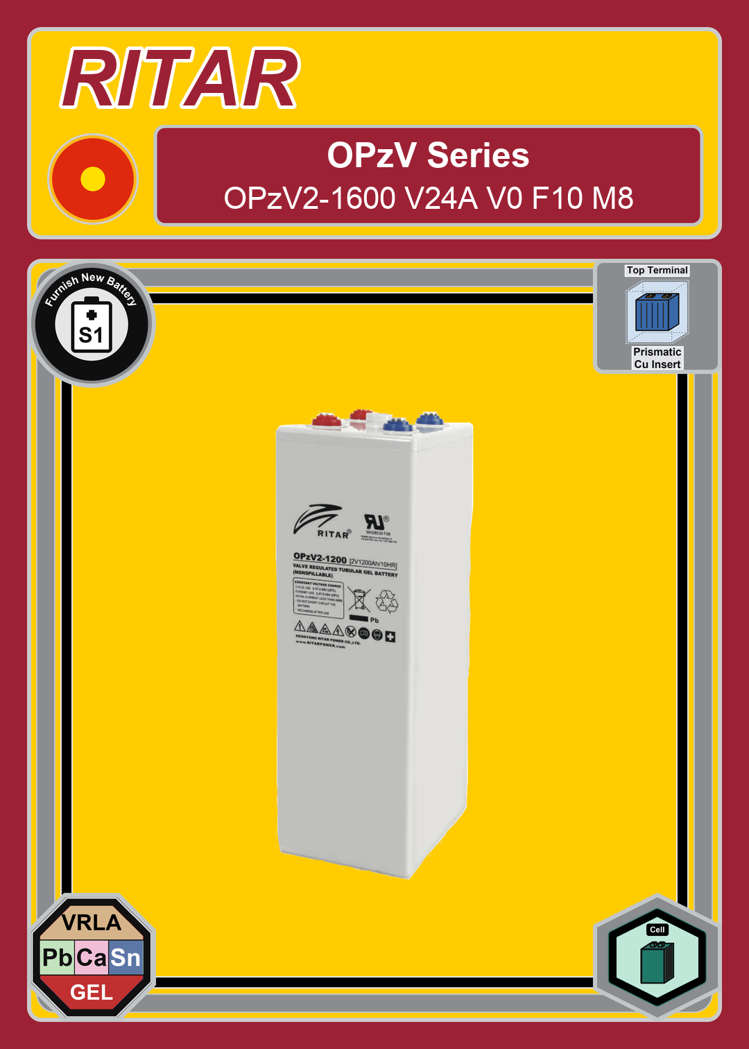 Furnish New Battery Ritar OPzV Series OPzV2 1600 V24A V0 F10 M8