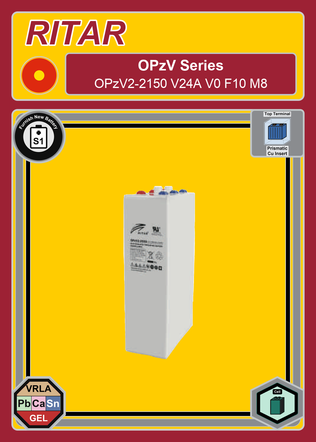 Furnish New Battery Ritar OPzV Series OPzV2 2150 V24A V0 F10 M8