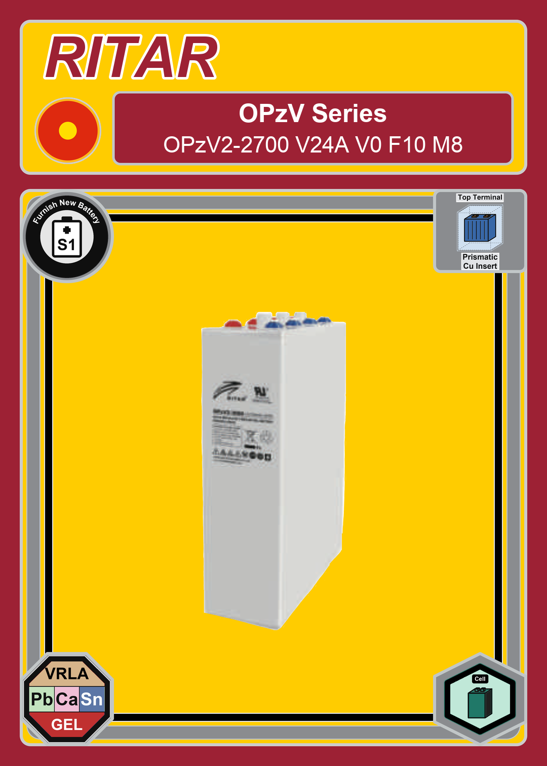 Furnish New Battery Ritar OPzV Series OPzV2 2700 V24A V0 F10 M8