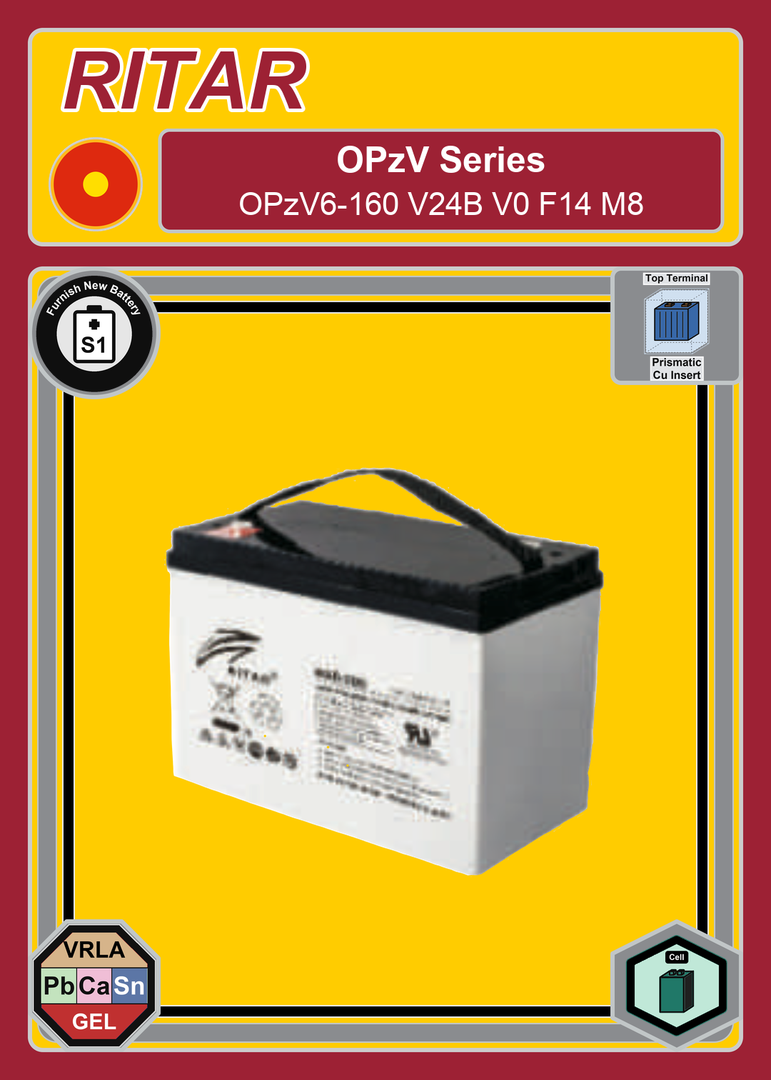 Furnish New Battery Ritar OPzV Series OPzV6 160 V24B V0 F14 M8