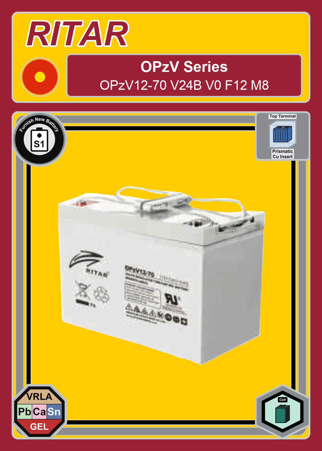 Furnish New Battery Ritar OPzV Series OPzV12 70 V24B V0 F12 M8