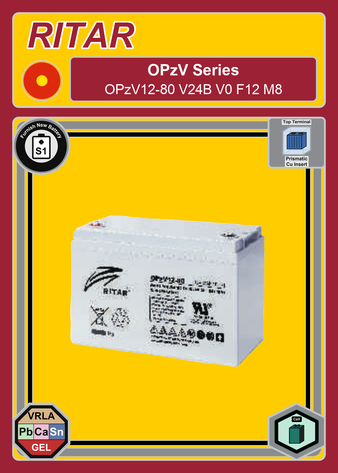 Furnish New Battery Ritar OPzV Series OPzV12 80 V24B V0 F12 M8