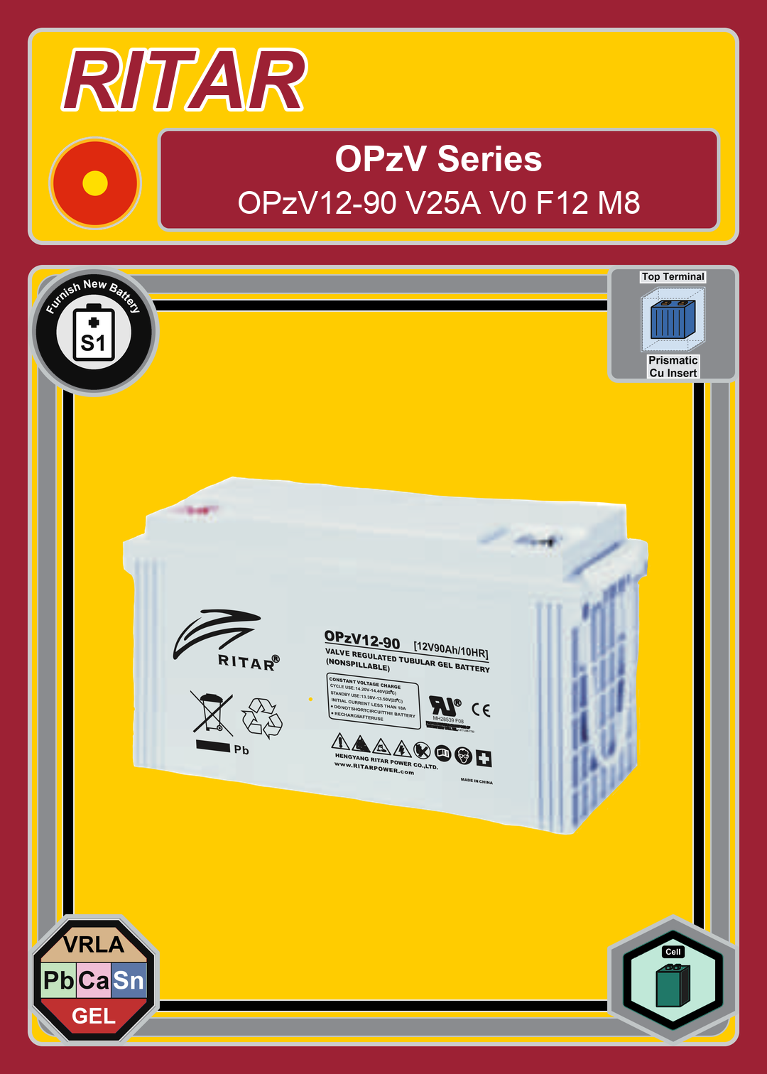 Furnish New Battery Ritar OPzV Series OPzV12 90 V25A V0 F12 M8