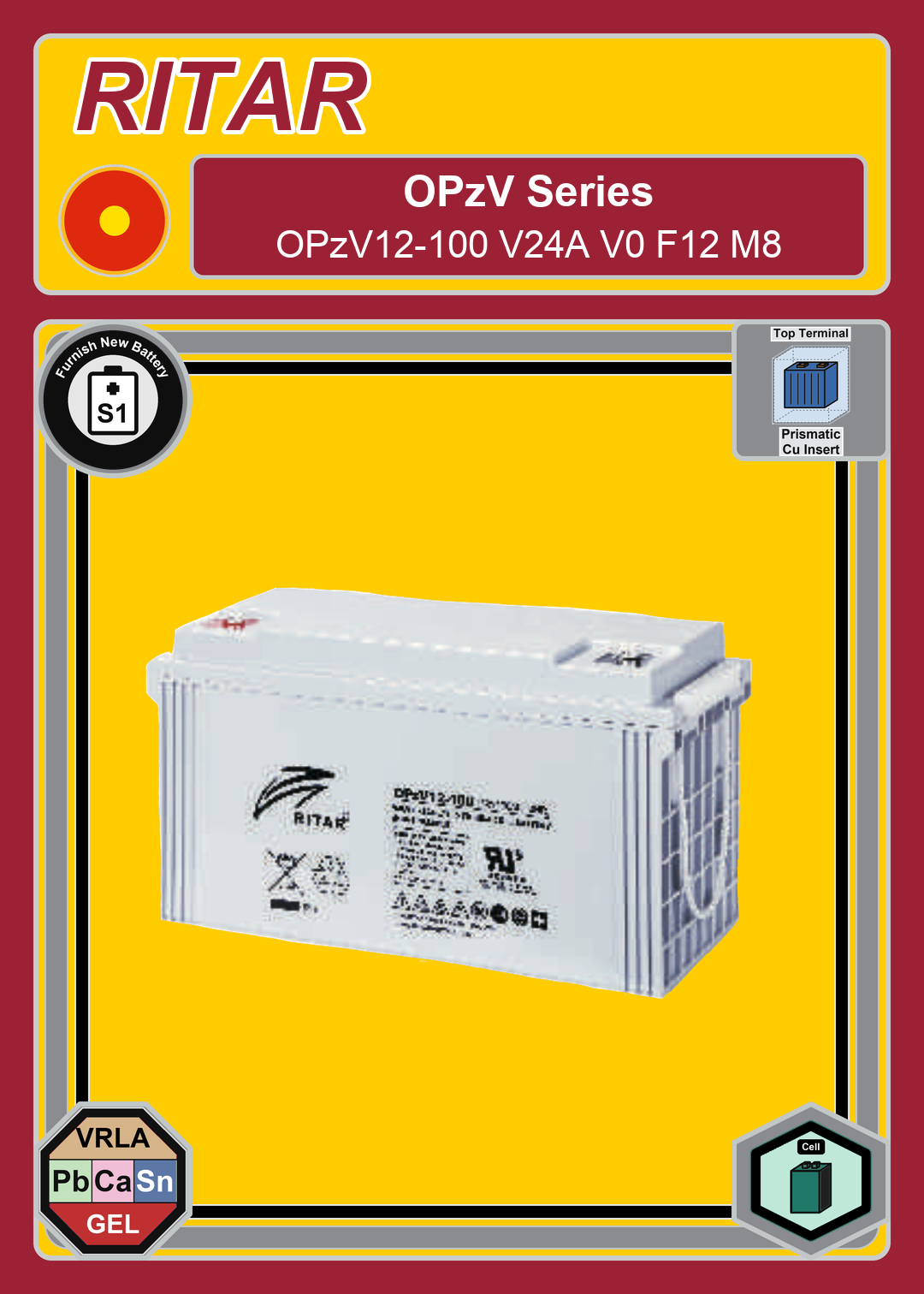 Furnish New Battery Ritar OPzV Series OPzV12 100 V24A V0 F12 M8