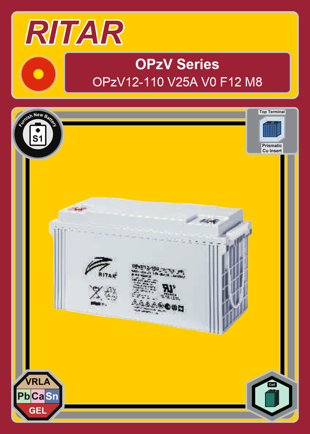 Furnish New Battery Ritar OPzV Series OPzV12 110 V25A V0 F12 M8