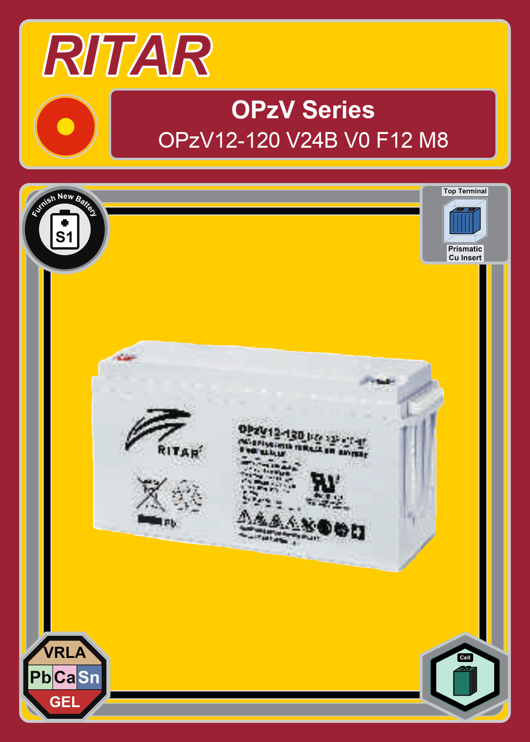Furnish New Battery Ritar OPzV Series OPzV12 120 V24B V0 F12 M8