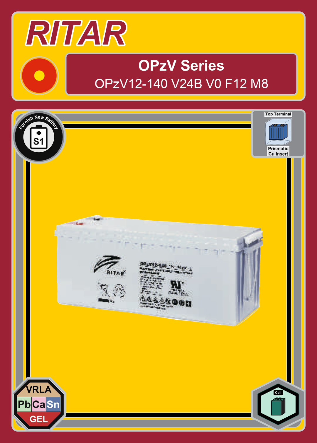 Furnish New Battery Ritar OPzV Series OPzV12 140 V24B V0 F12 M8