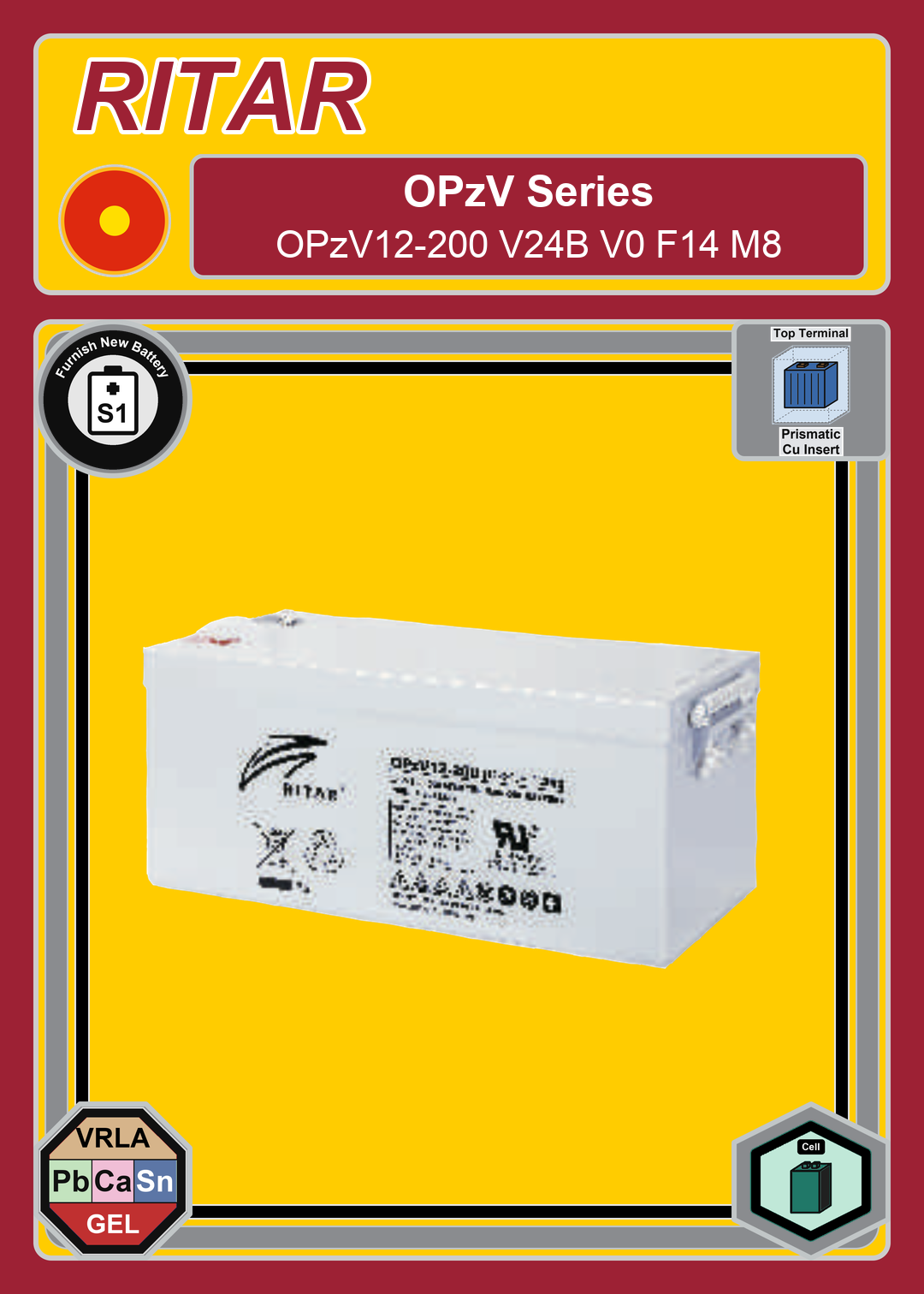 Furnish New Battery Ritar OPzV Series OPzV12 200 V24B V0 F14 M8
