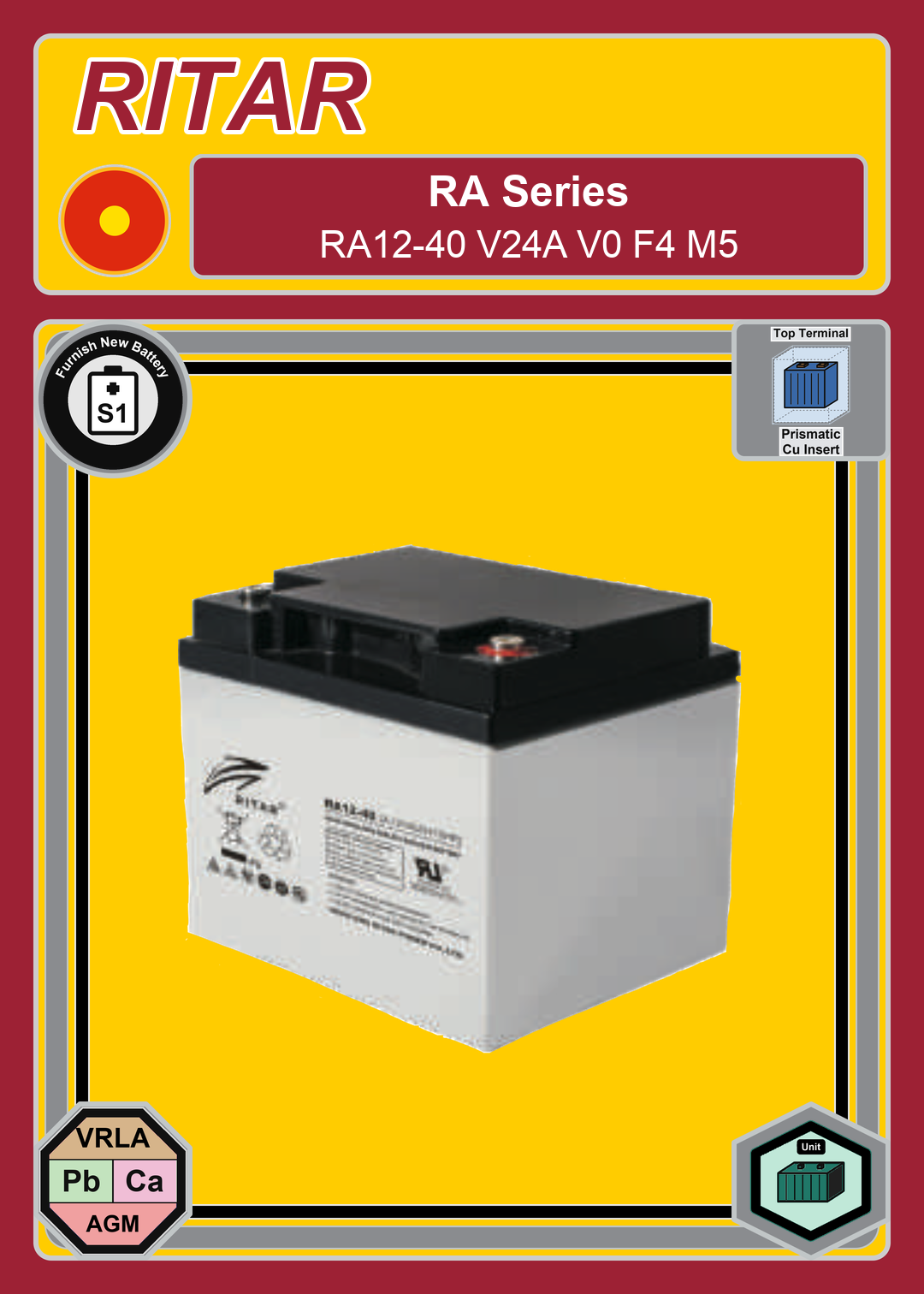 Furnish New Battery Ritar RA Series RA12 40 V24A V0 F4 M5