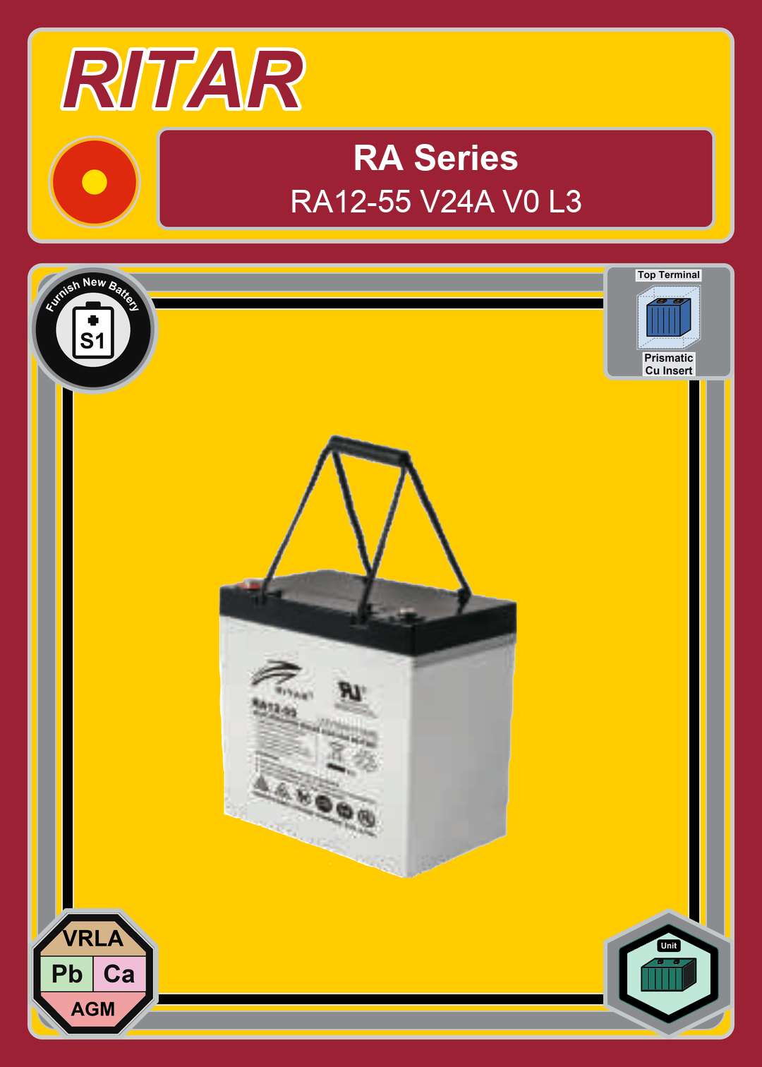 Furnish New Battery Ritar RA Series RA12 55 V24A V0 L3