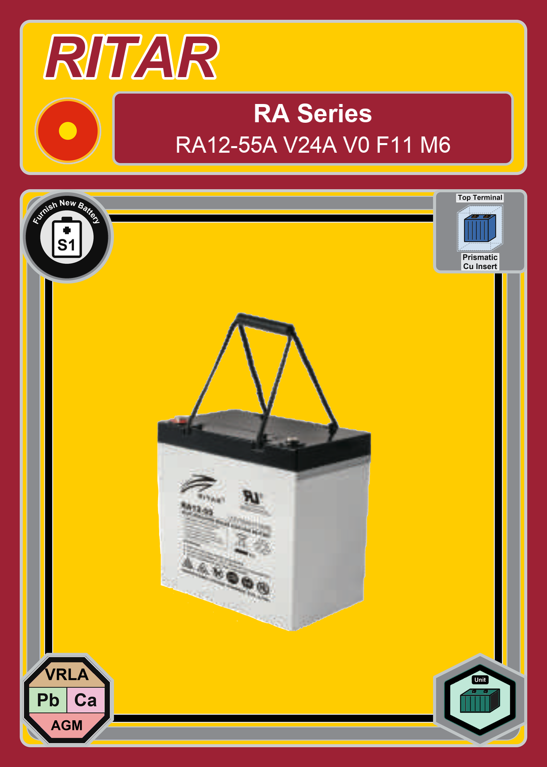 Furnish New Battery Ritar RA Series RA12 55A V24A V0 F11 M6