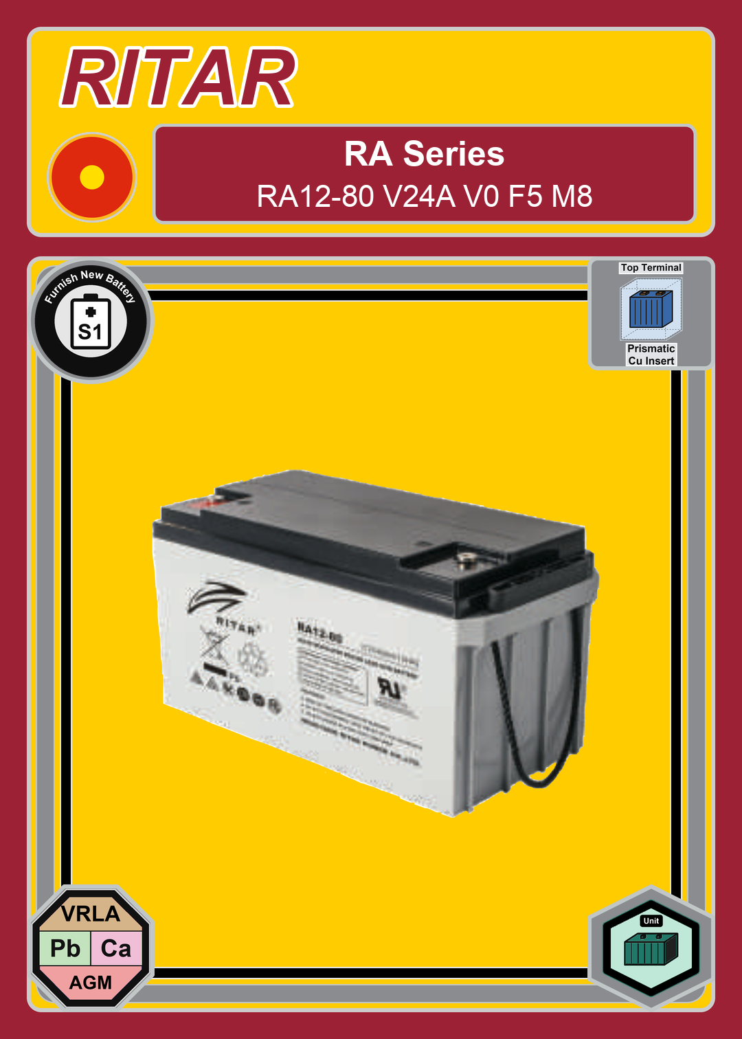 Furnish New Battery Ritar RA Series RA12 80 V24A V0 F5 M8