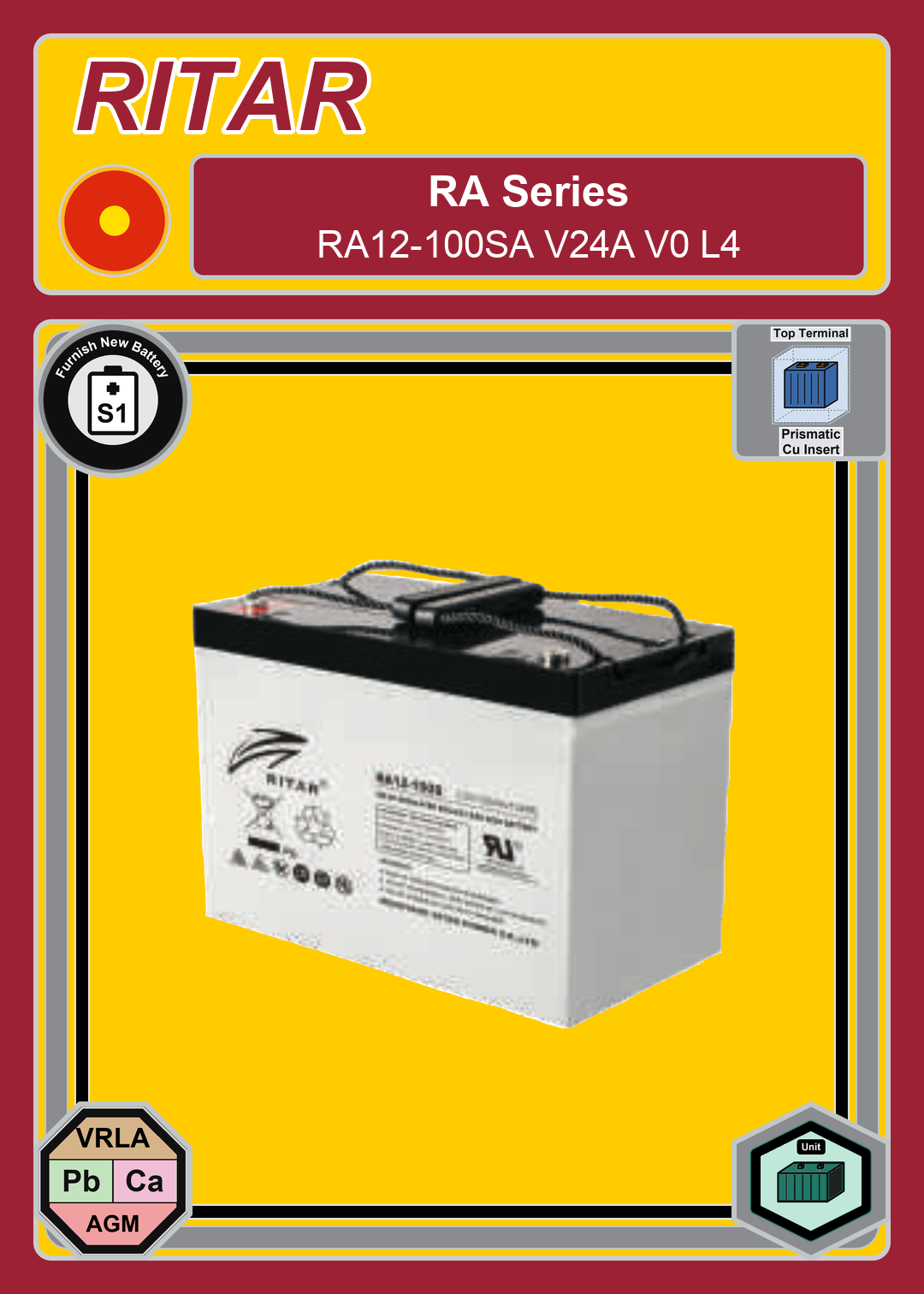 Furnish New Battery Ritar RA Series RA12 100SA V24A V0 L4