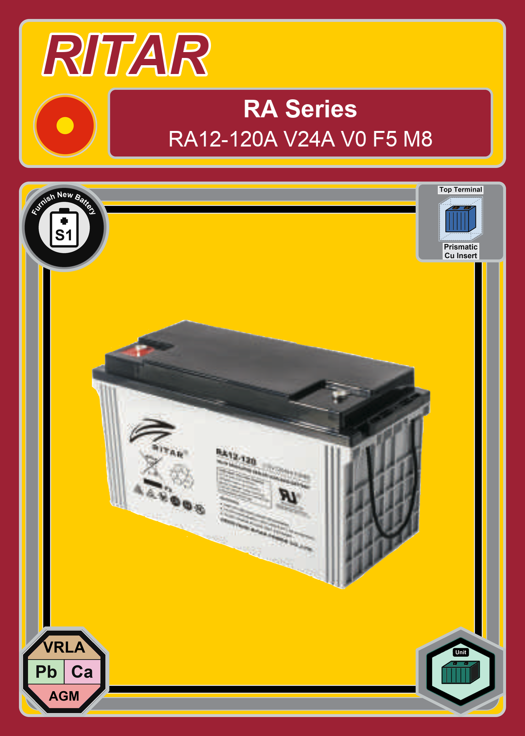 Furnish New Battery Ritar RA Series RA12 120A V24A V0 F5 M8