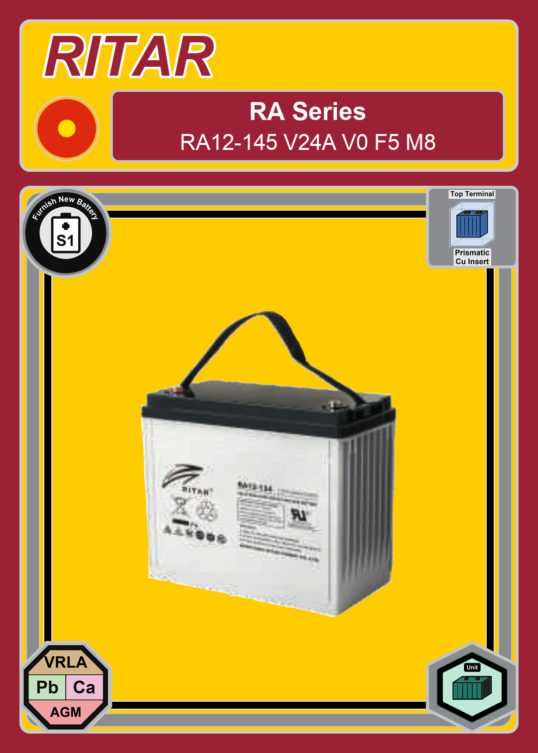 Furnish New Battery Ritar RA Series RA12 145 V24A V0 F5 M8