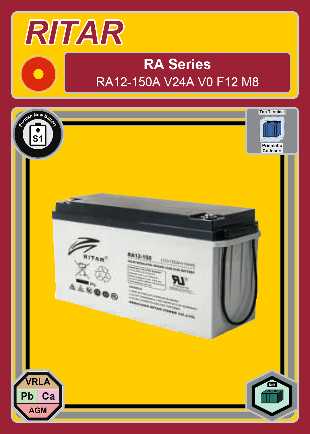 Furnish New Battery Ritar RA Series RA12 150A V24A V0 F12 M8