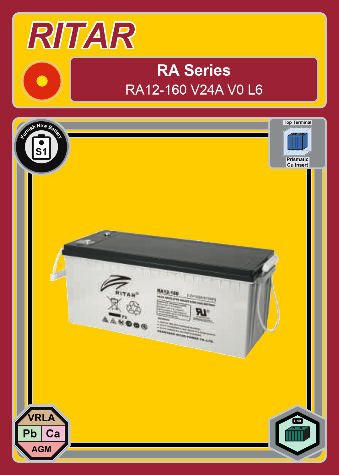 Furnish New Battery Ritar RA Series RA12 160 V24A V0 L6