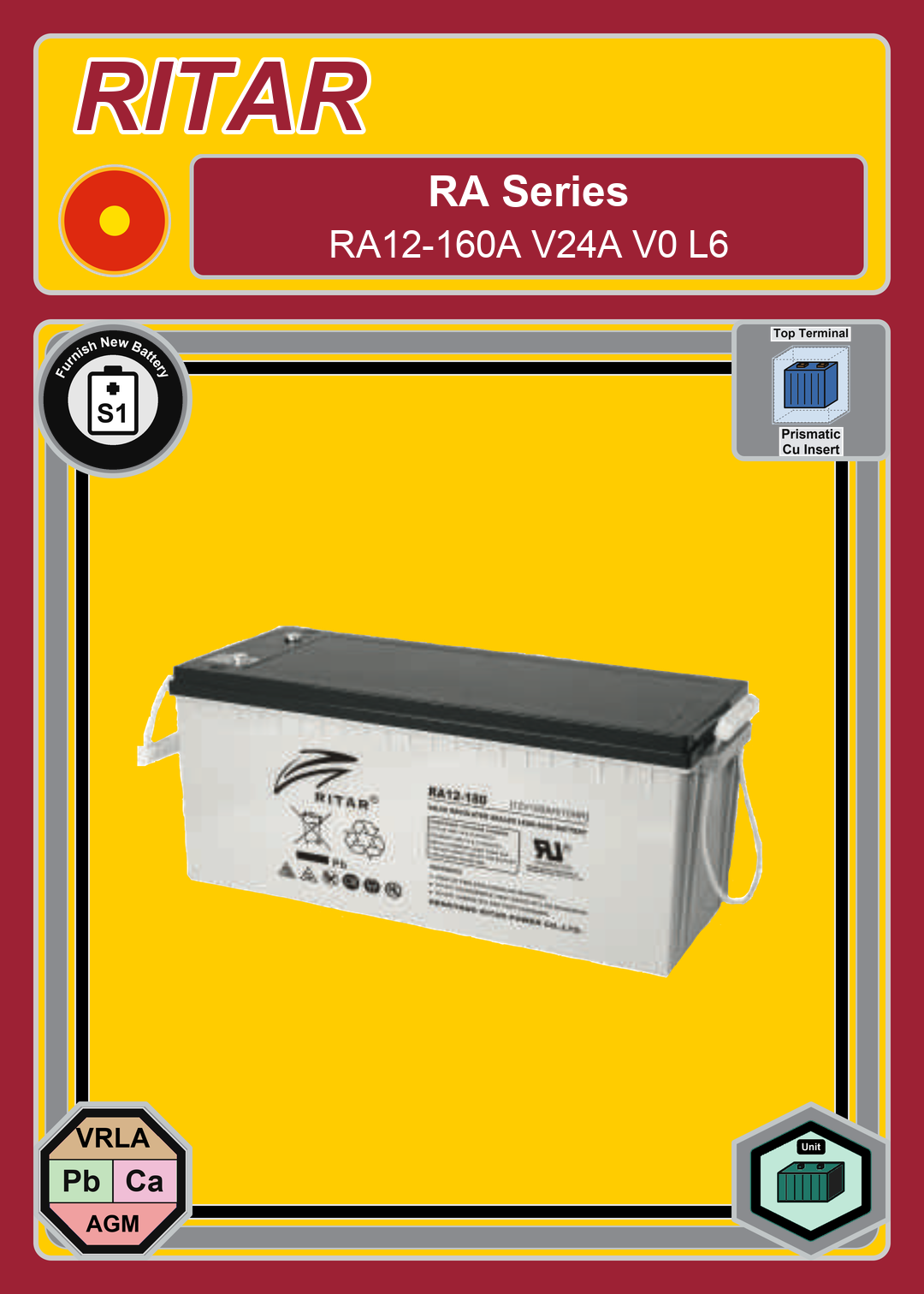 Furnish New Battery Ritar RA Series RA12 160A V24A V0 L6