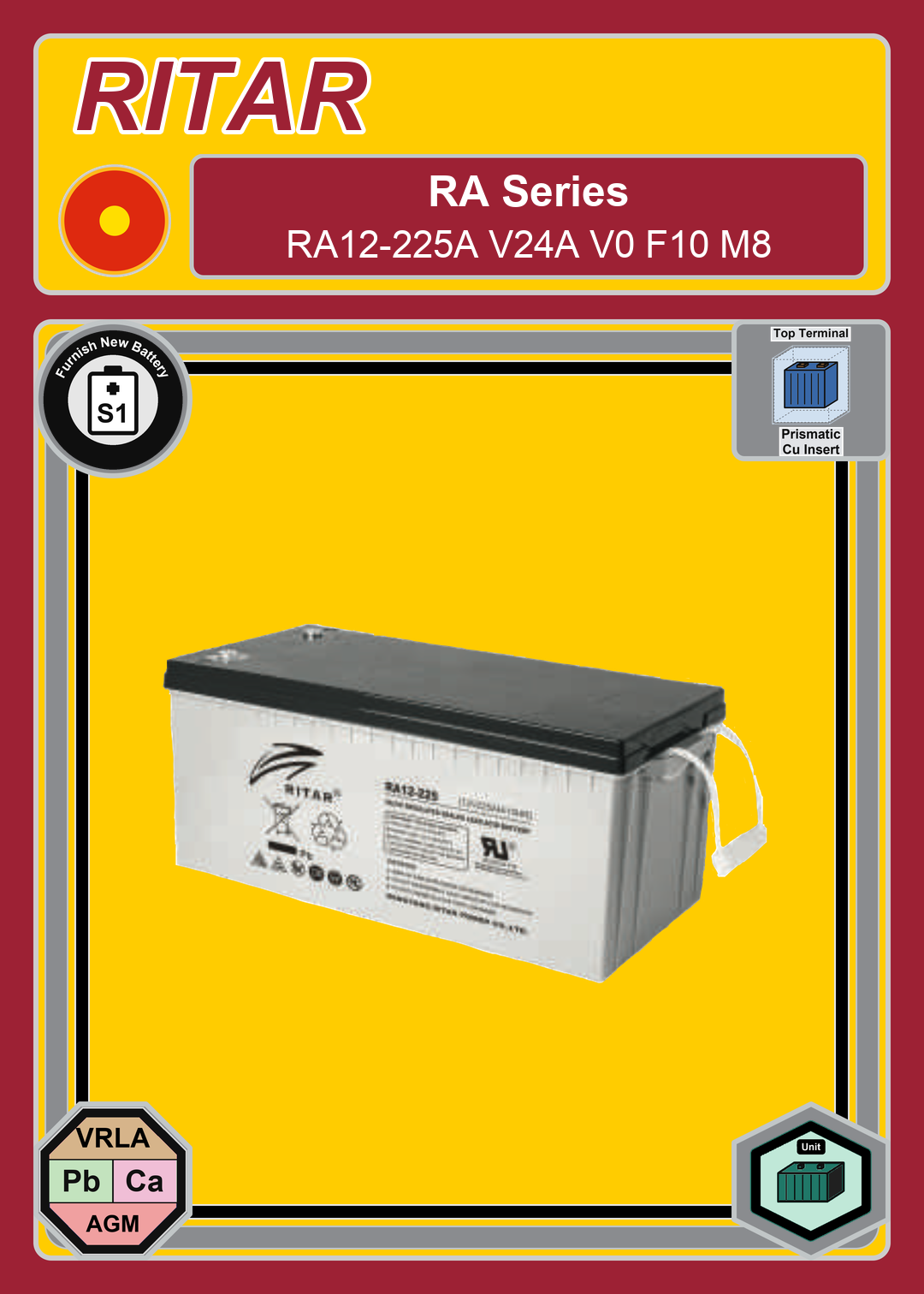 Furnish New Battery Ritar RA Series RA12 225A V24A V0 F10 M8