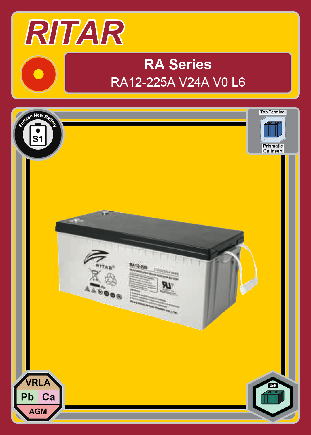 Furnish New Battery Ritar RA Series RA12 225A V24A V0 L6