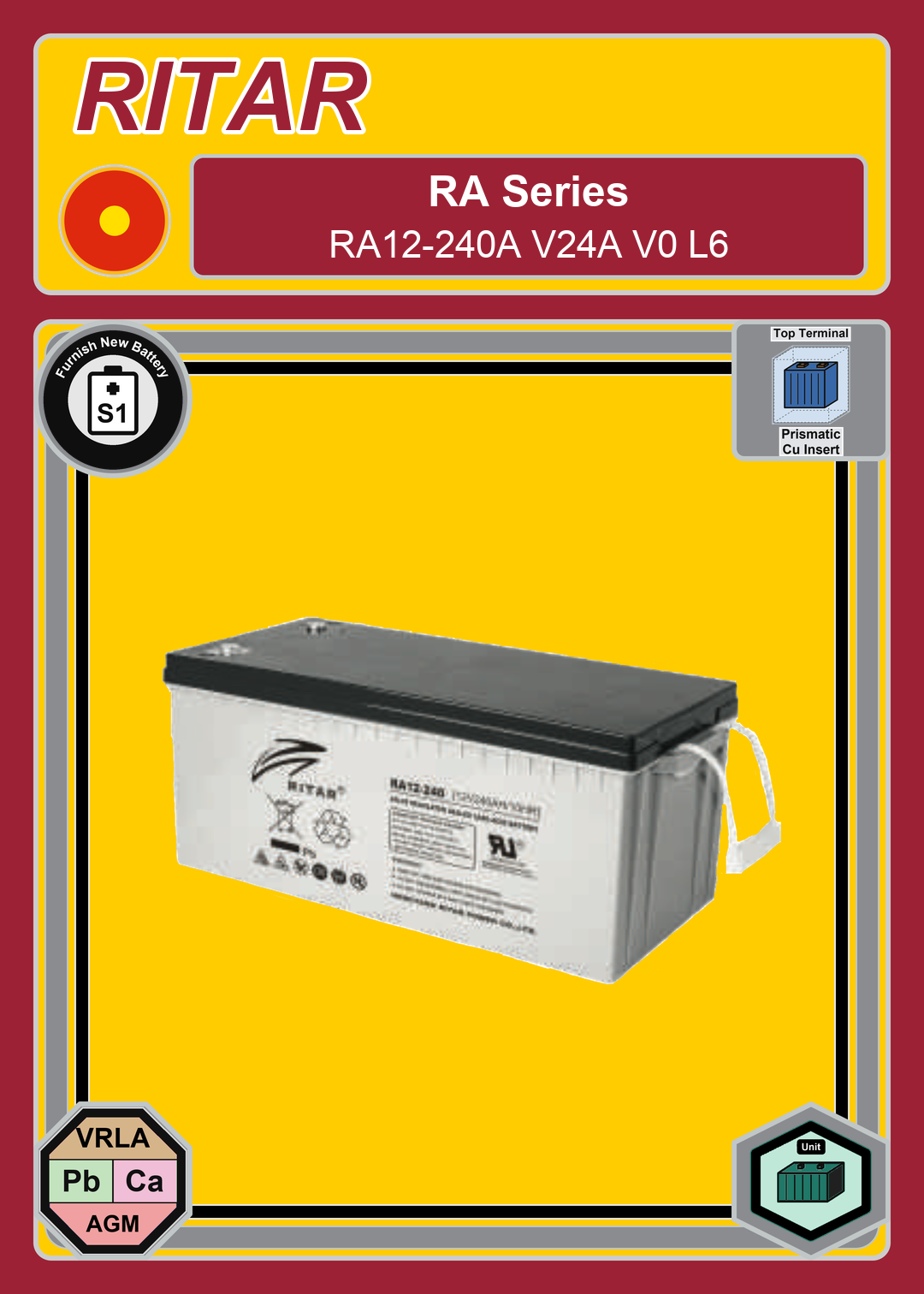 Furnish New Battery Ritar RA Series RA12 240A V24A V0 L6