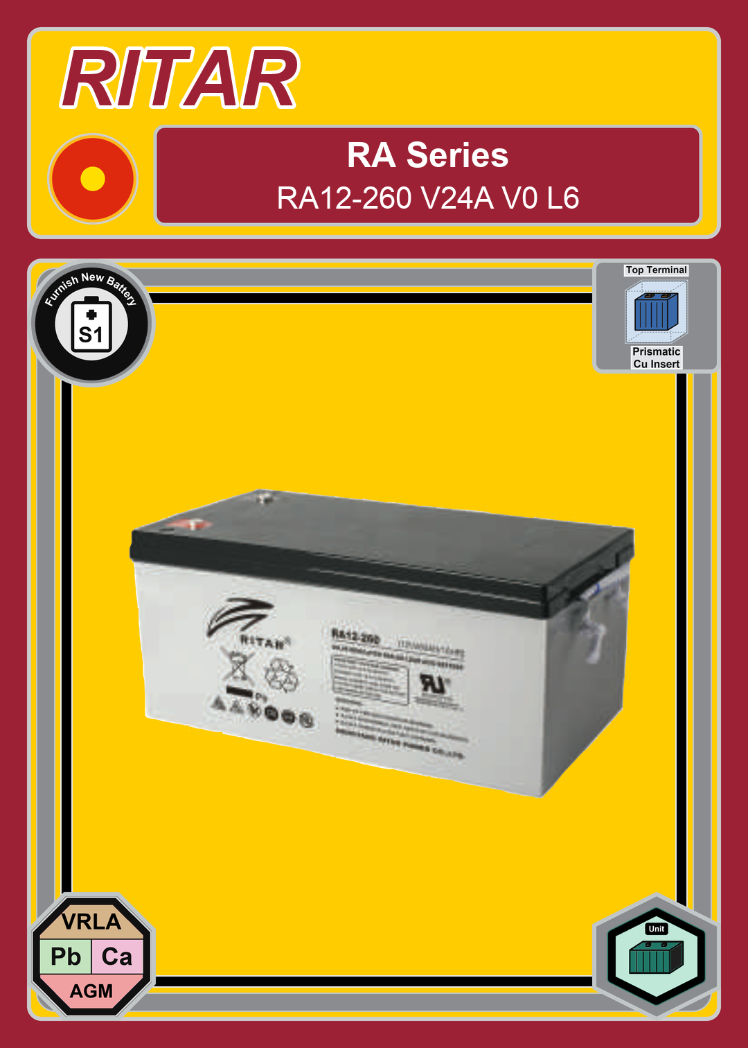 Furnish New Battery Ritar RA Series RA12 260 V24A V0 L6