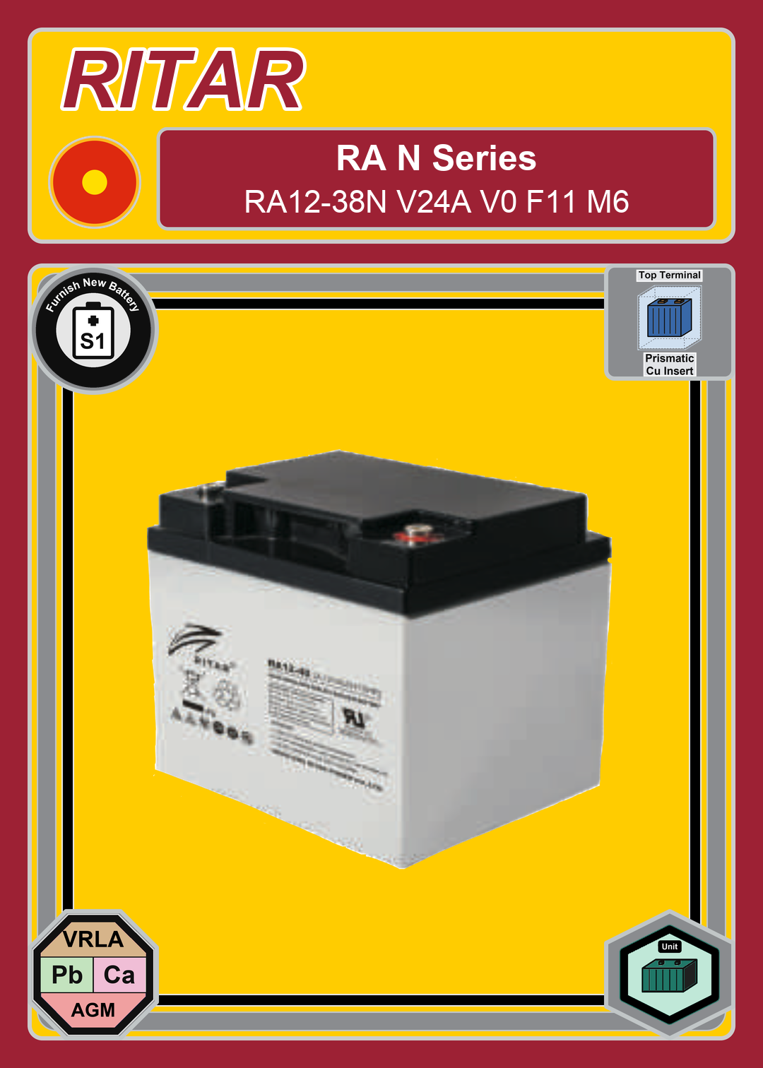 Furnish New Battery Ritar RA N Series RA12 38N V24A V0 F11 M6