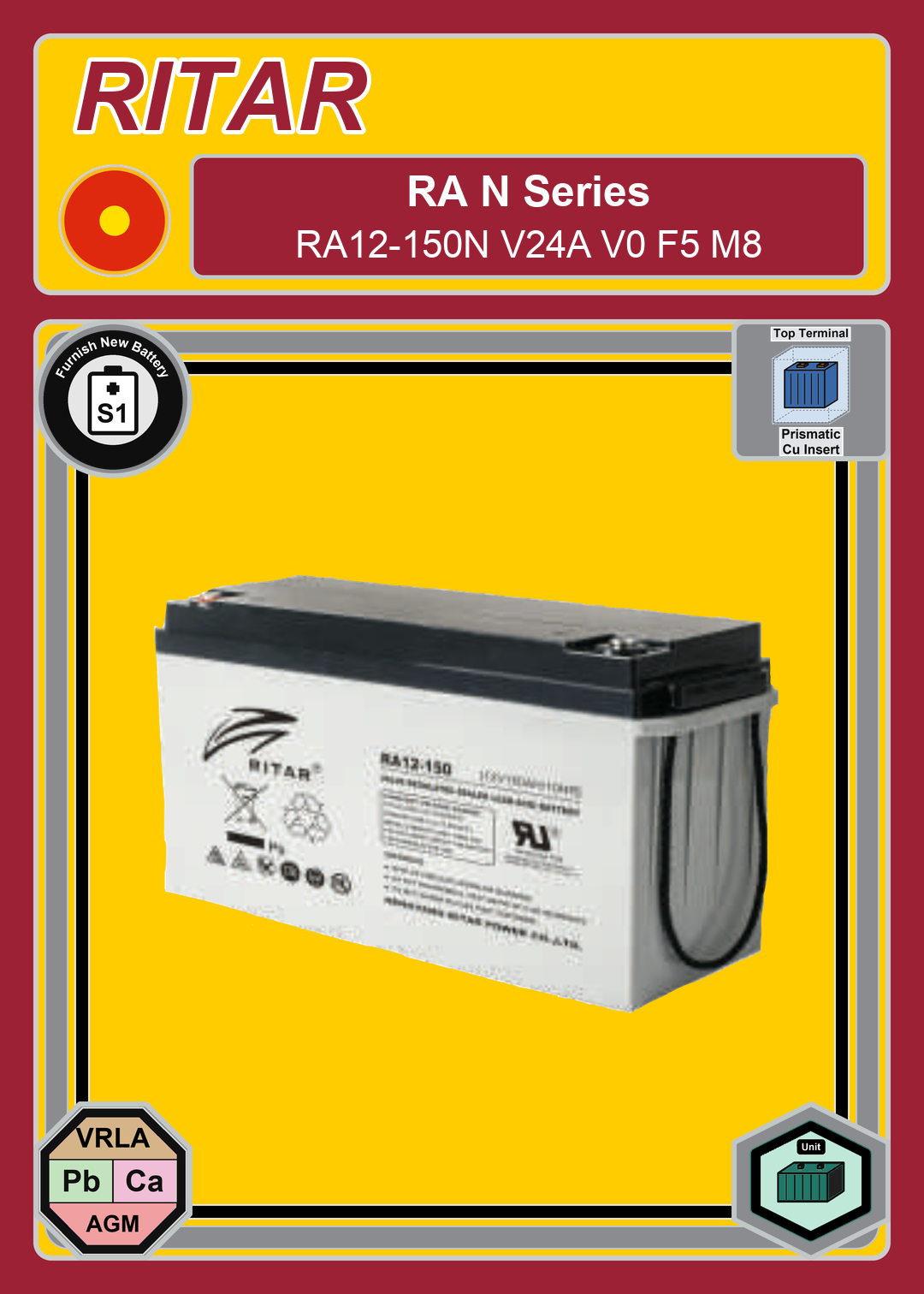Furnish New Battery Ritar RA N Series RA12 150N V24A V0 F5 M8